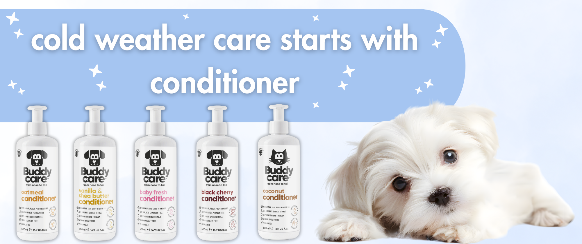 Five bottles of Buddy Care dog conditioner are lined up next to a white fluffy dog; text above reads, "cold weather care starts with conditioner" on a blue background with stars.