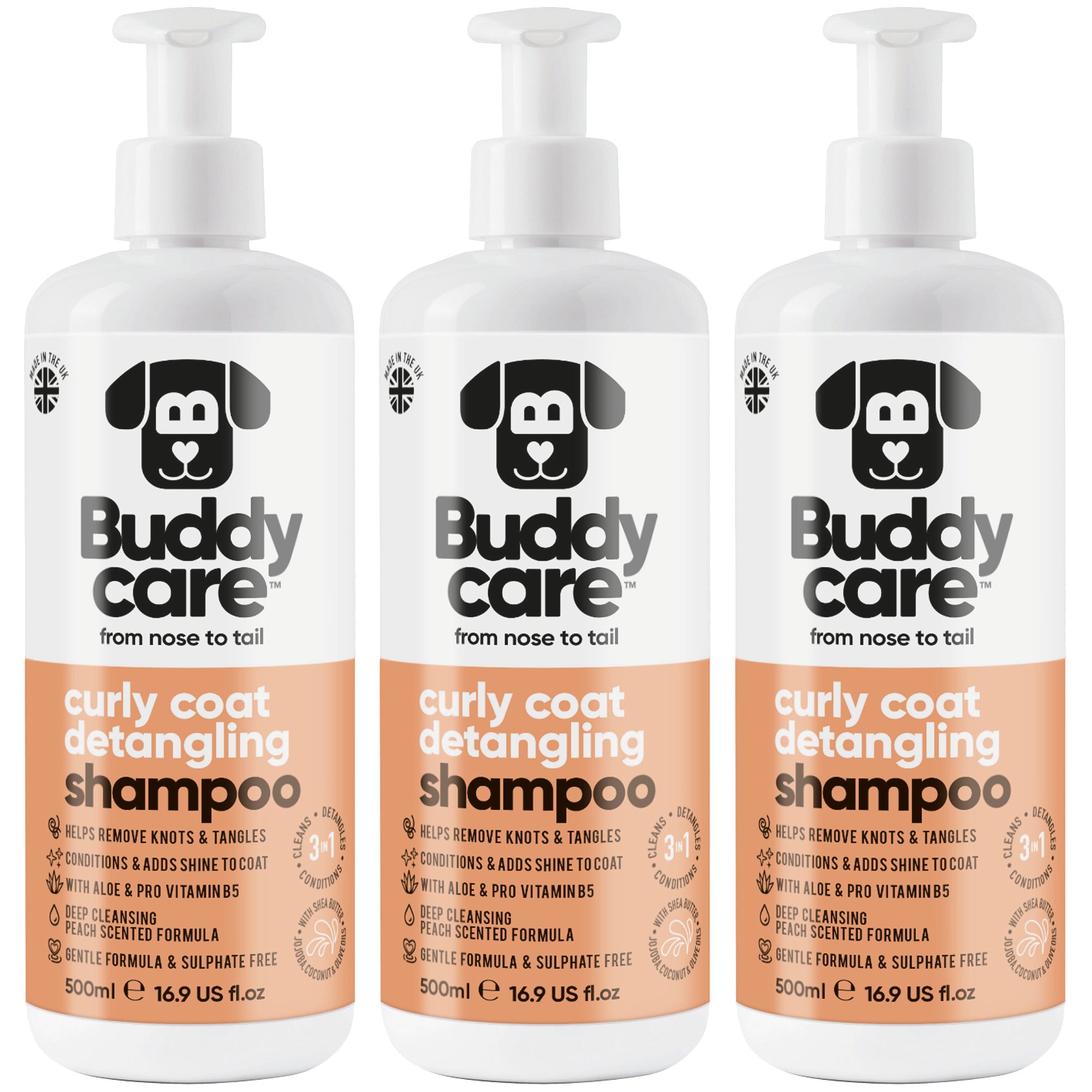 Curly Coat Detangling 3in1 Peach Dog Shampoo by Buddycare