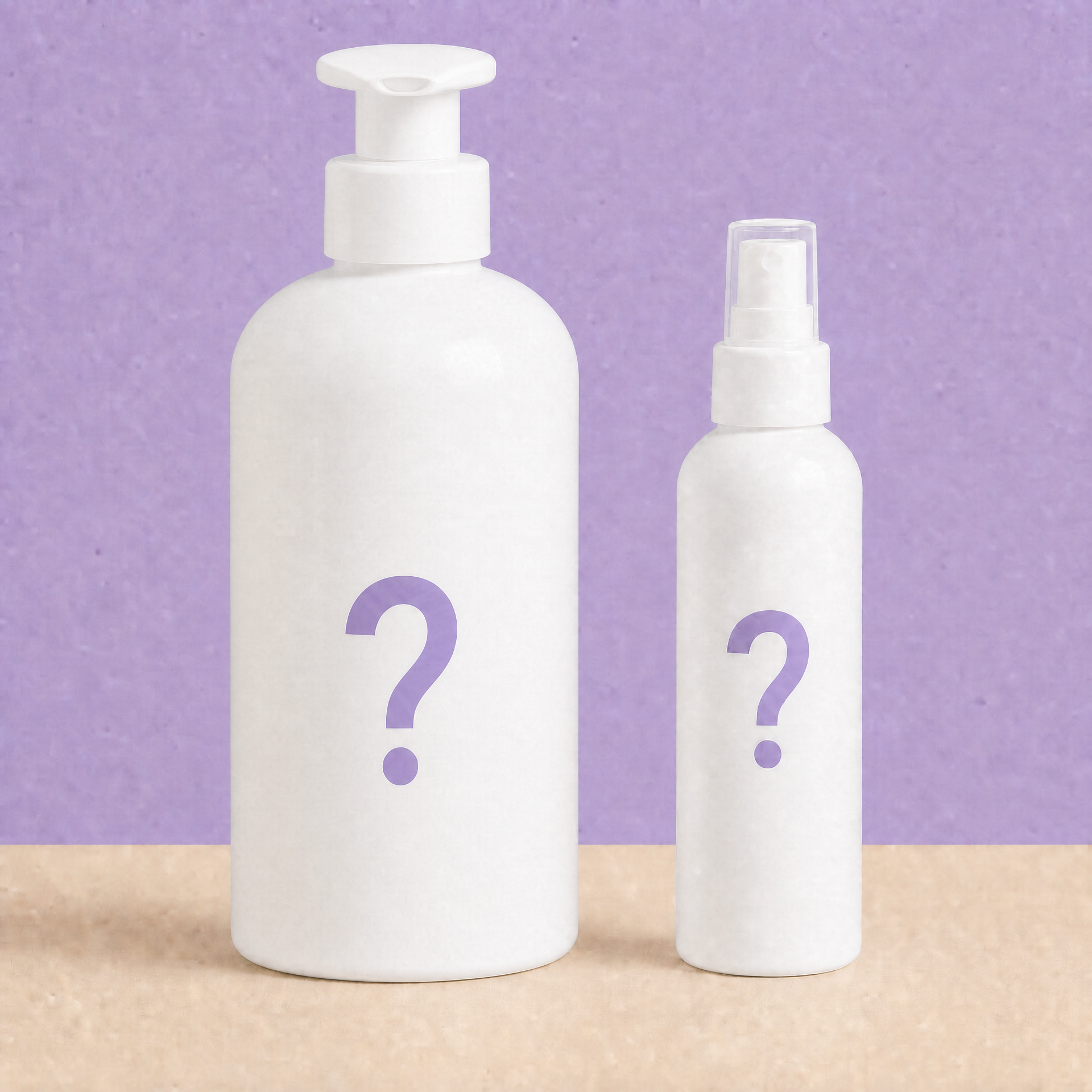 500ml shampoo bottle and 200ml spray bottle silhouettes with question marks